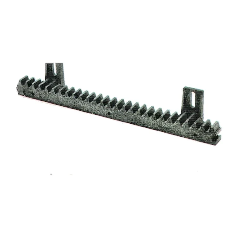 Photograph of a black nylon gear rack on a clean white background with molded mounting features.