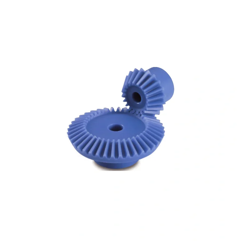 Photograph of a blue MC nylon bevel gear pair on a white background; exact module, ratio, bore, tooth count and mounting geometry follow the released drawing.