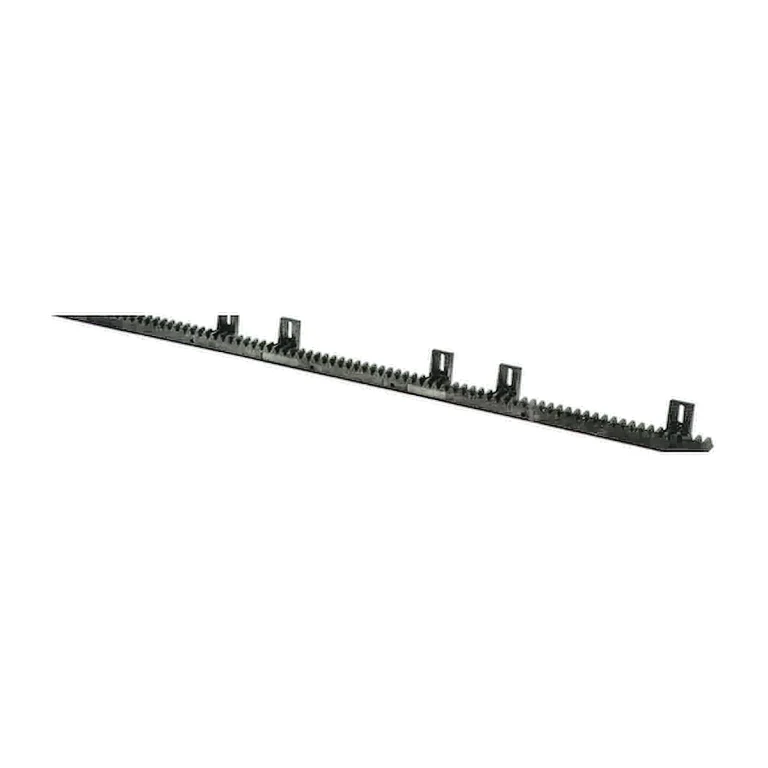 Photograph of a black nylon gear rack on a clean white background.