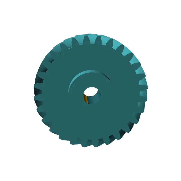 Representative technical redraw of an engineering-plastic involute helical gear with a twisted tooth trace; final module or DP, pressure angle, helix angle, hand, bore and material follow the released drawing.