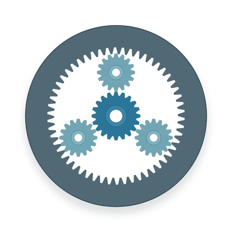 Representative technical redraw of a planetary gear arrangement with internal ring, sun and three planets; final ratio, tooth counts, carrier geometry and material follow the released drawing.