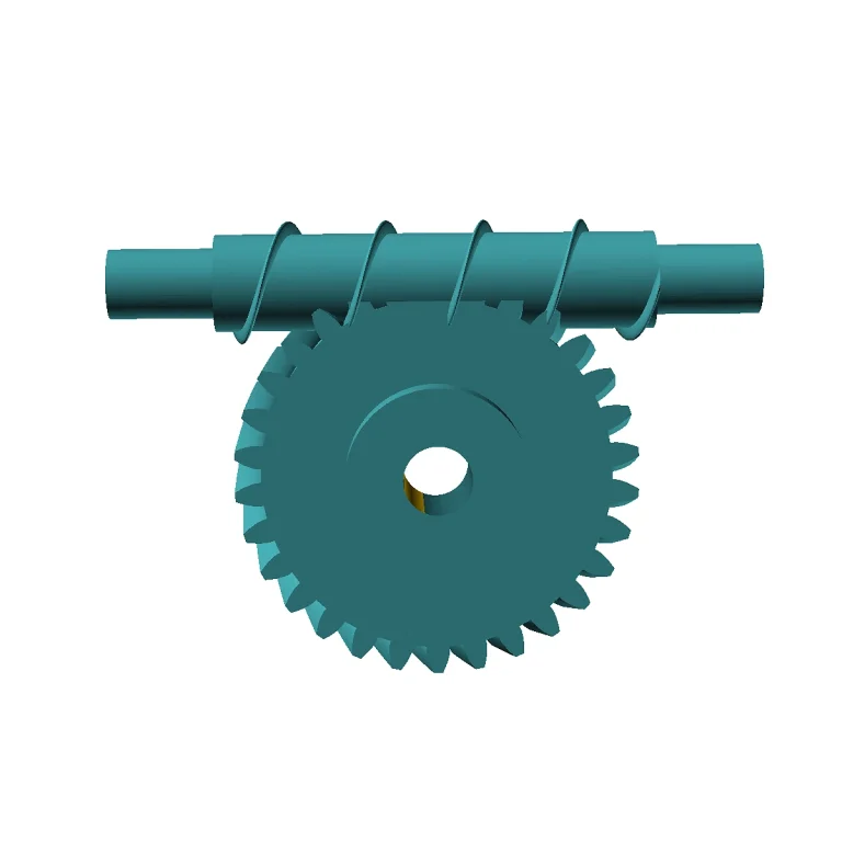 Representative technical redraw of a worm and worm-wheel arrangement with perpendicular shaft axes; final worm starts, lead, wheel tooth count, center distance, pressure system, bore and material follow the released drawing.